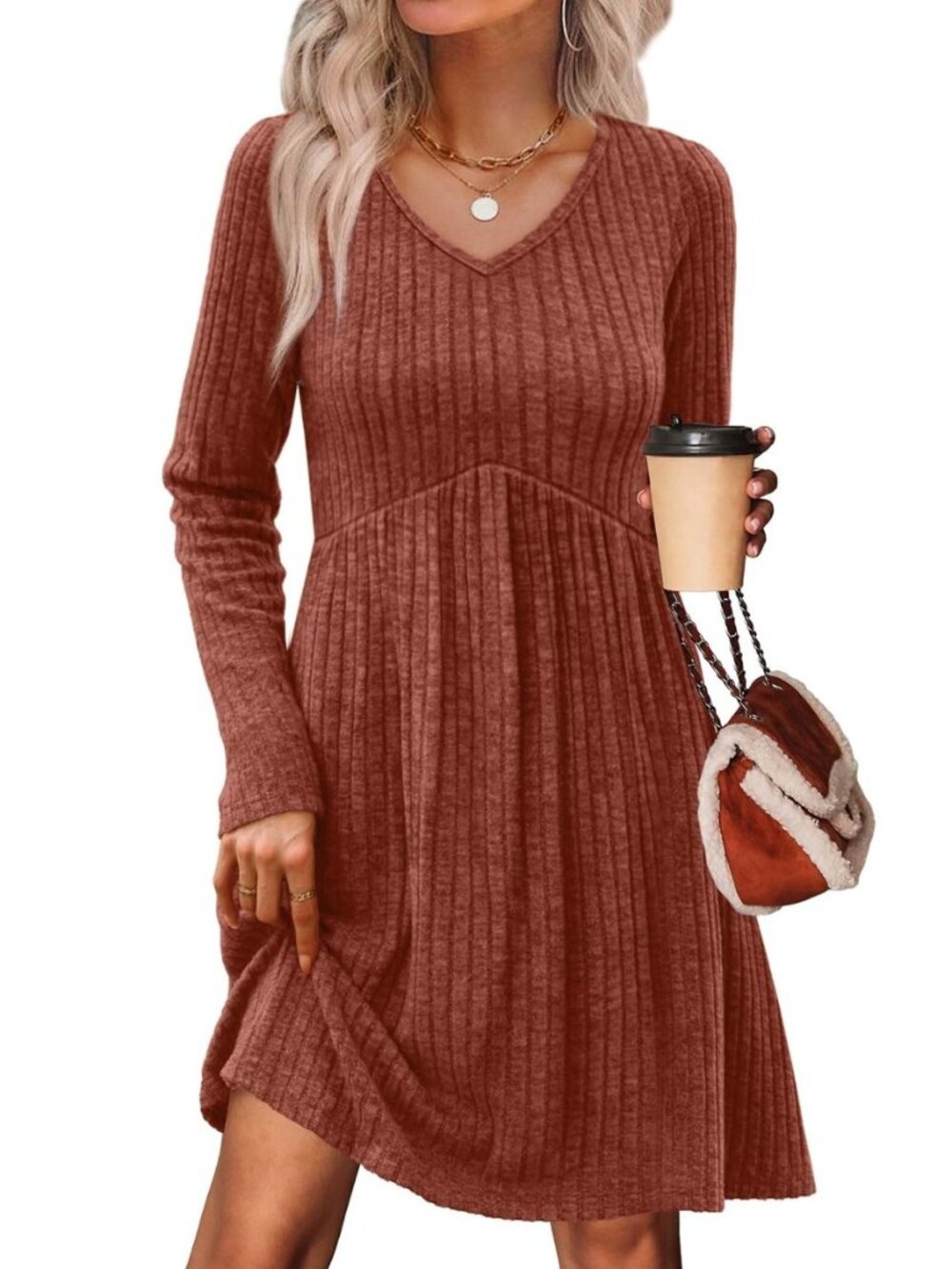 Long Sleeve Sweater Dress Fall Dresses 2025 V Neck Empire Waist Baby Doll